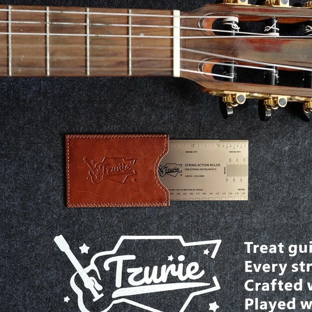Tzurie Guitar String Action Gauge, Medium, silver ruler with brown case