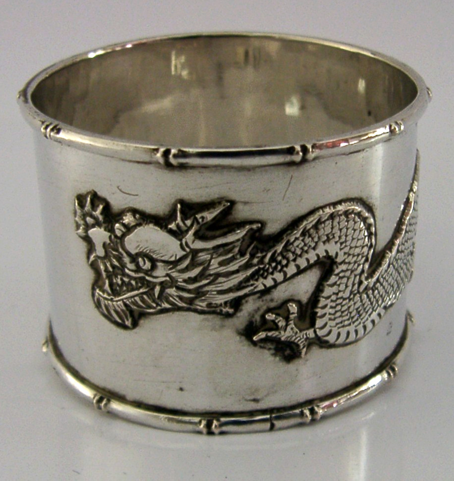CHINESE EXPORT SOLID SILVER NAPKIN RING DRAGON c1900