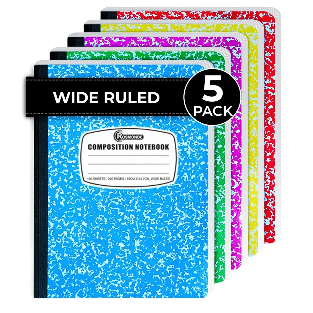 5 Pack Wide Ruled Composition Notebooks Durable Hard Cover Multiple Colors