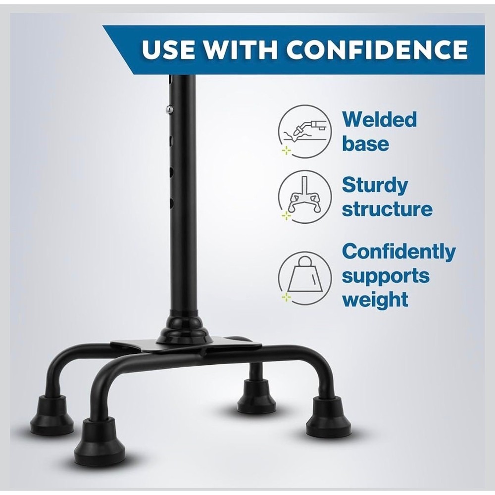 Quad Cane Walking Stick Adjustable Lightweight 4 Prong Base Black