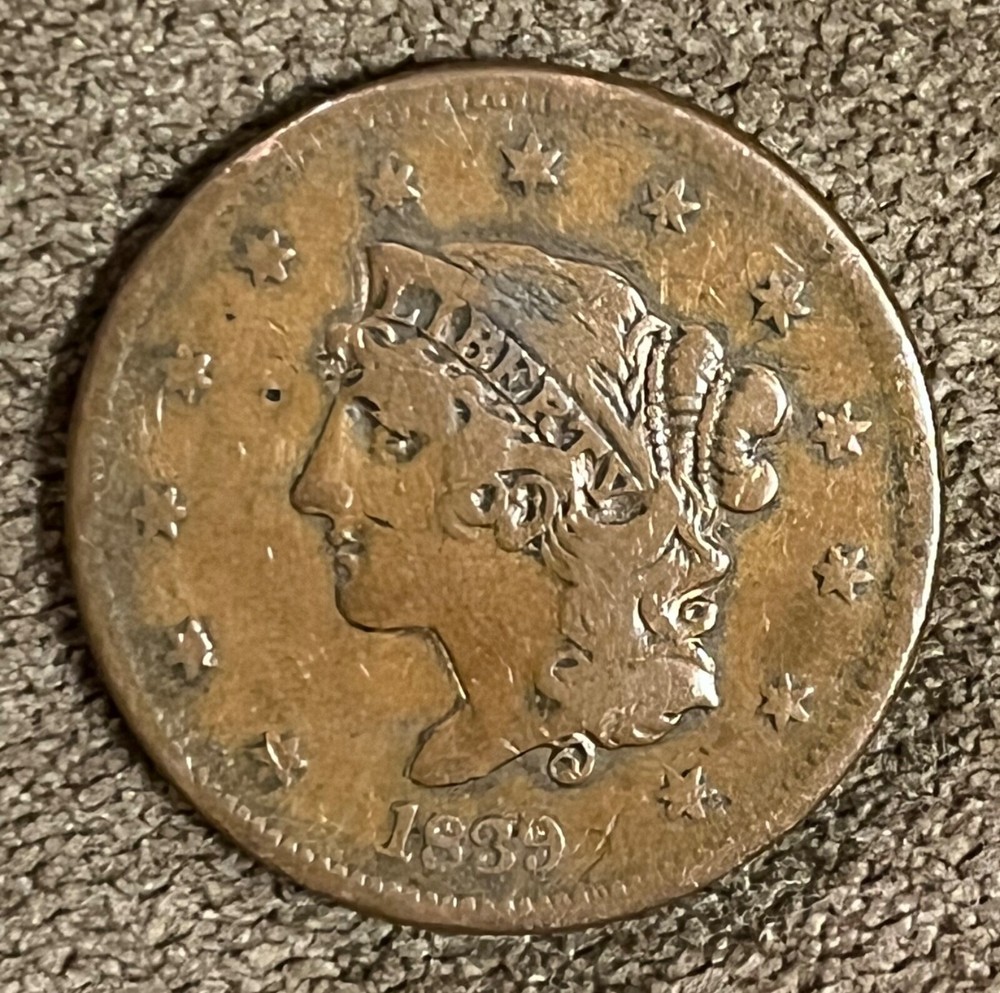 1839 Booby head large cent , Fine, Scarce !