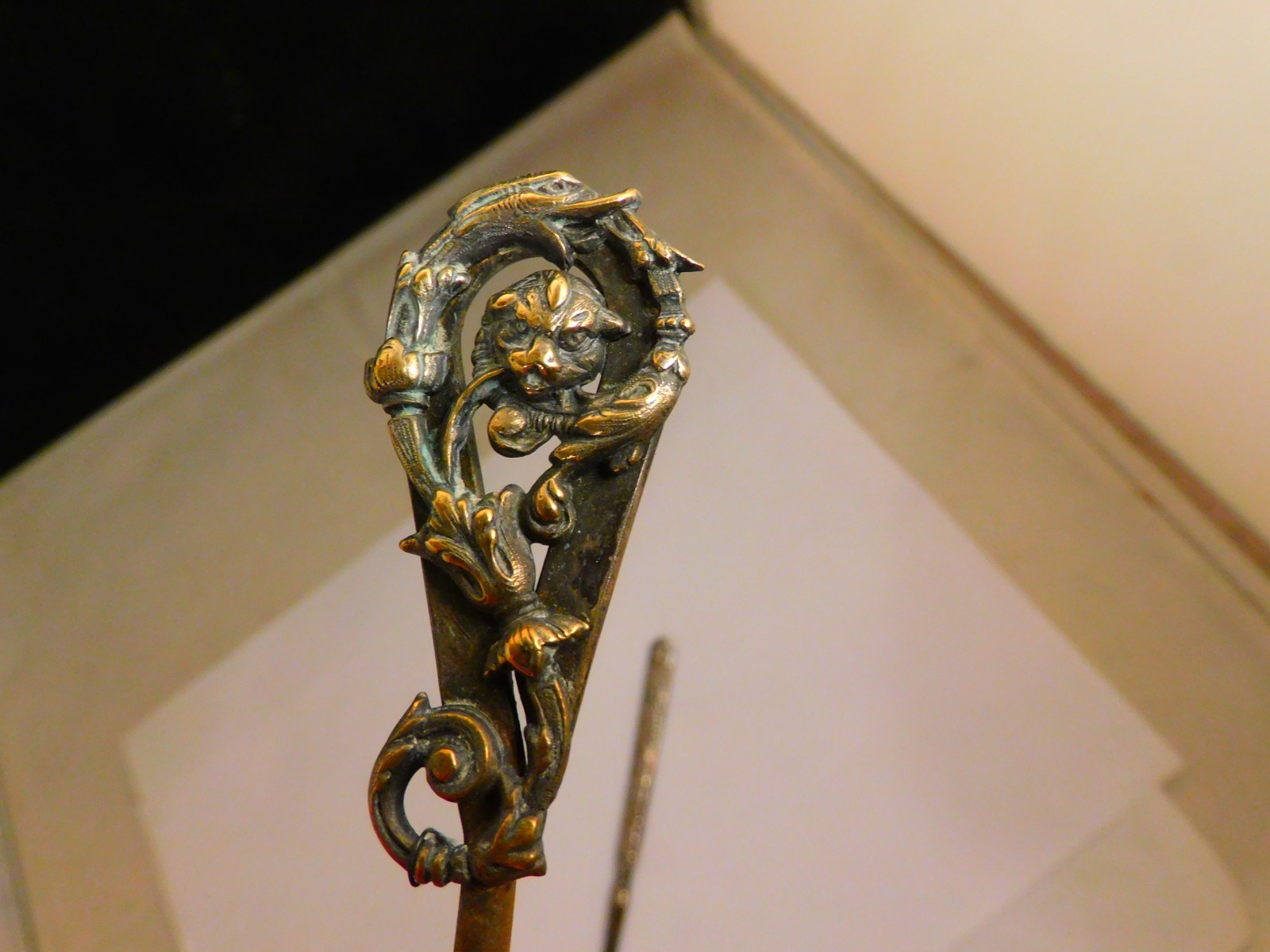 2 Vintage Metal Shoe Button or Glove Hooks Gargoyle & Etched Handles Unusual