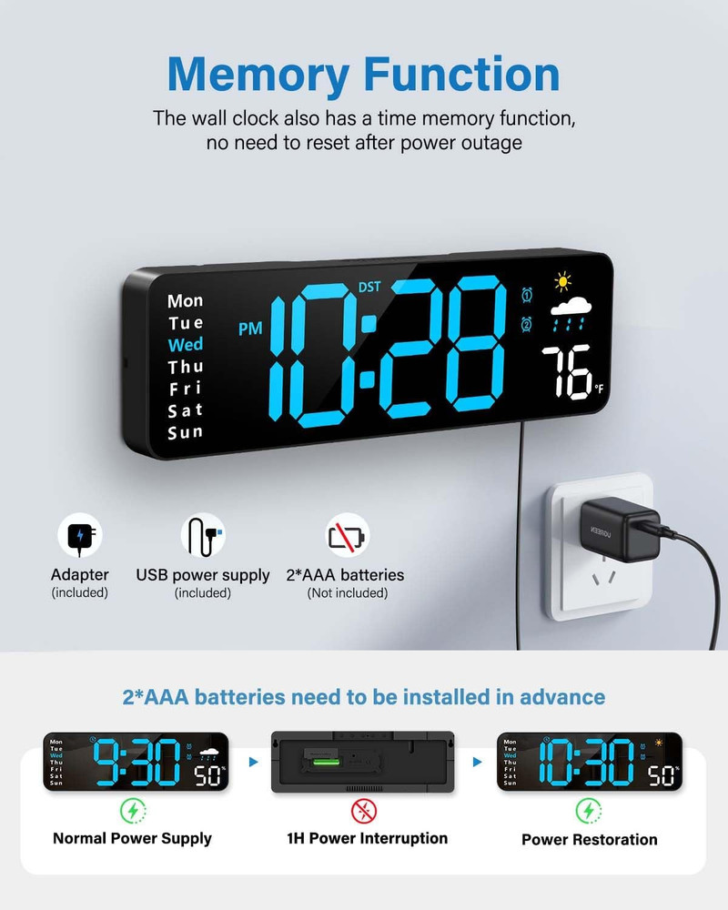 Digital Wall Clock, Digital Clock Large Display with Remote Control, Corded LED