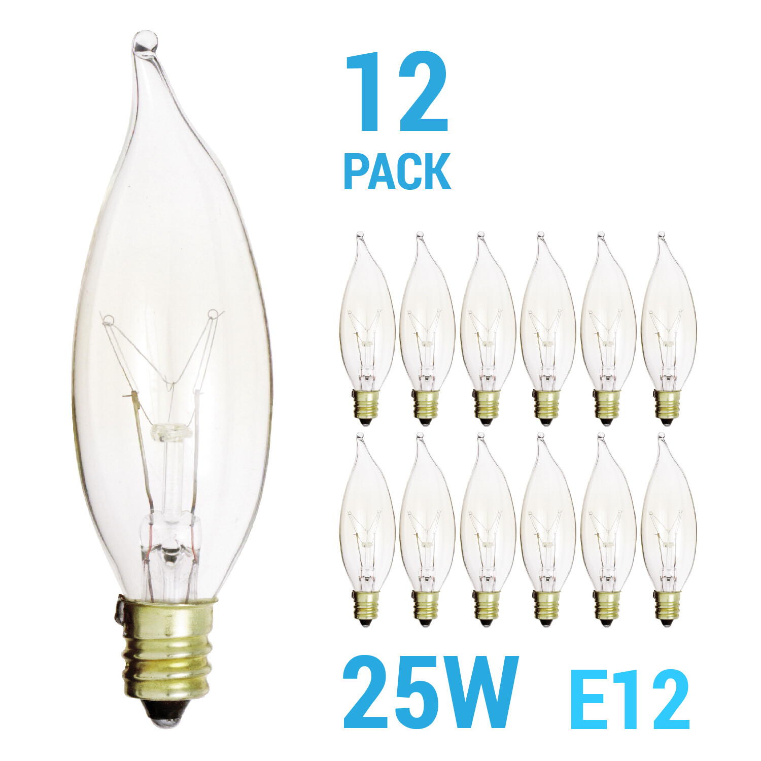 12 Pack 25CFC Chandelier Bulbs 25W Watt 120V CA8 Flame Tip Candelabra E12 Clear