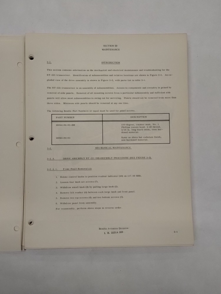 Bendix RT-221 Comm Receiver-Transmitter CNS-220 VHF Comm/Nav Maintenance Manual