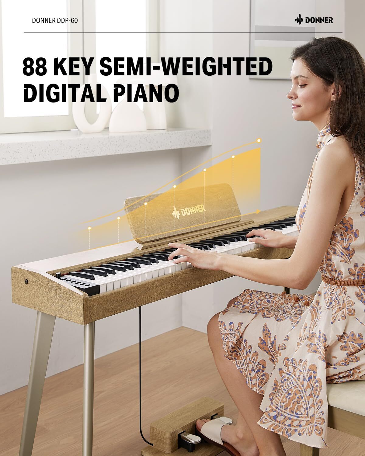 Donner DDP-60 Digital Piano Keyboard with Stand Pedal, Natural
