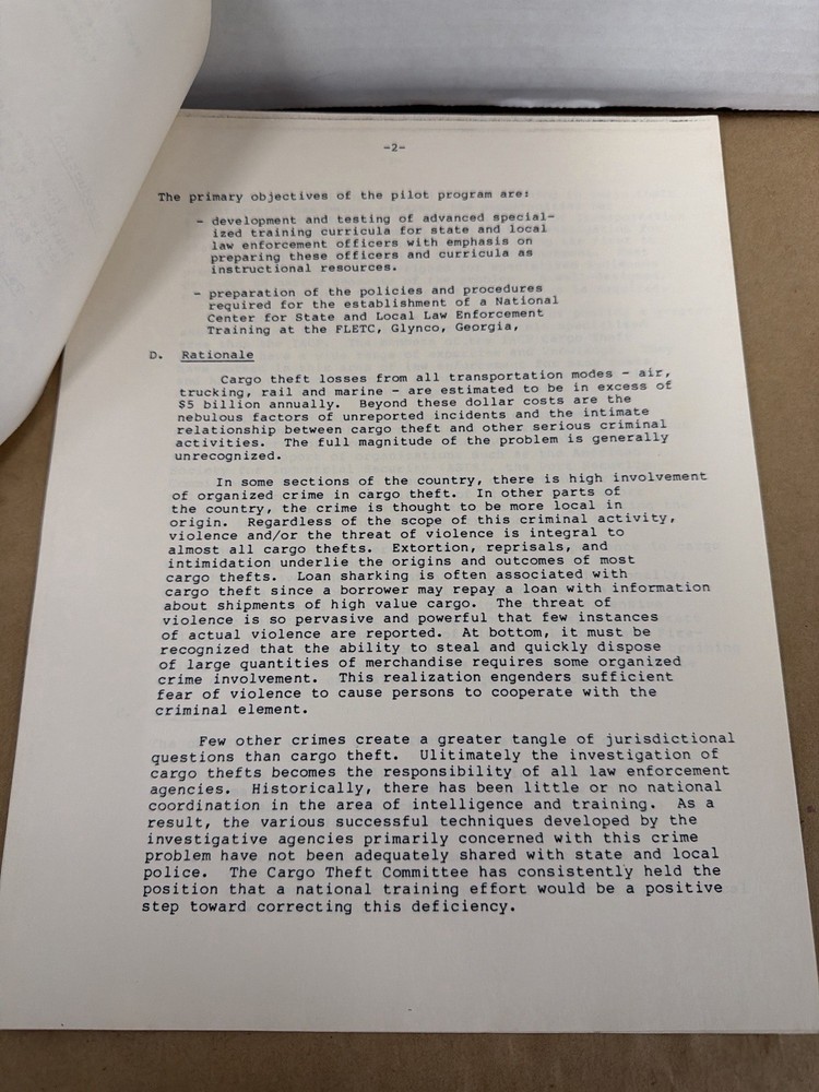 1982 FBI ATF Customs Cargo Theft Training Agreement Draft