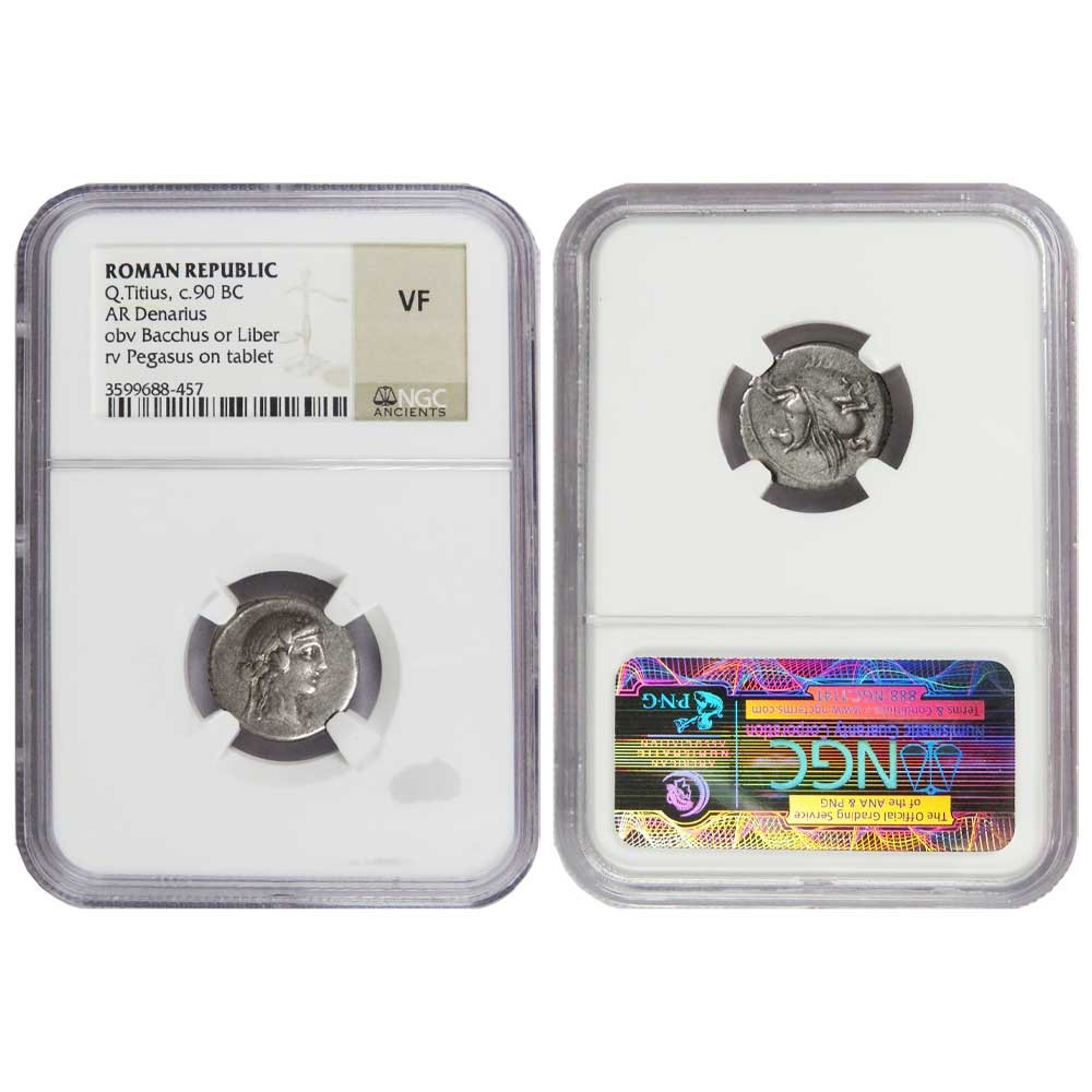Roman Republic Q. Titus AR Silver Denarius 90 B.C. Bachus Obv Pegasus rev NGC VF