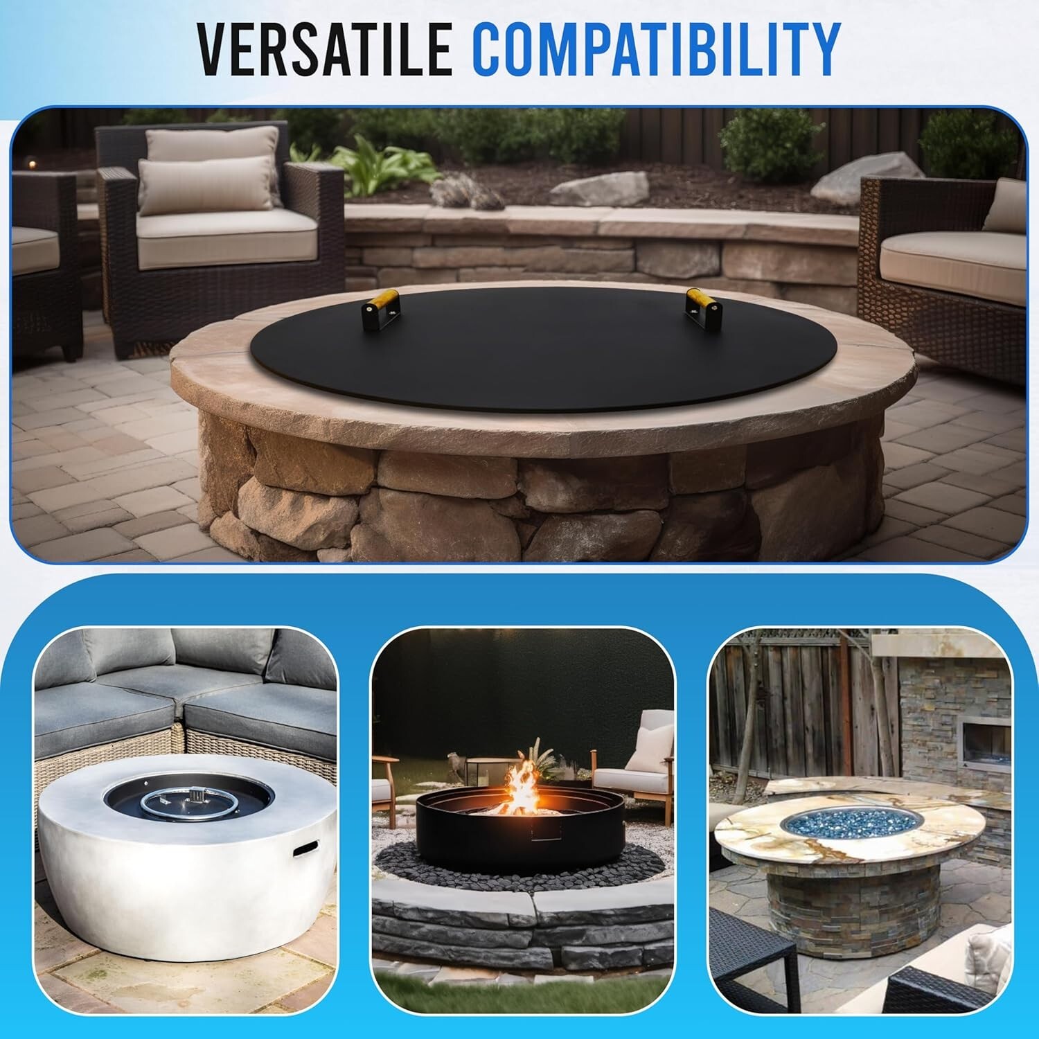 Fire Pit Lid 34 Inch – Round Metal Cover with Wooden Handles