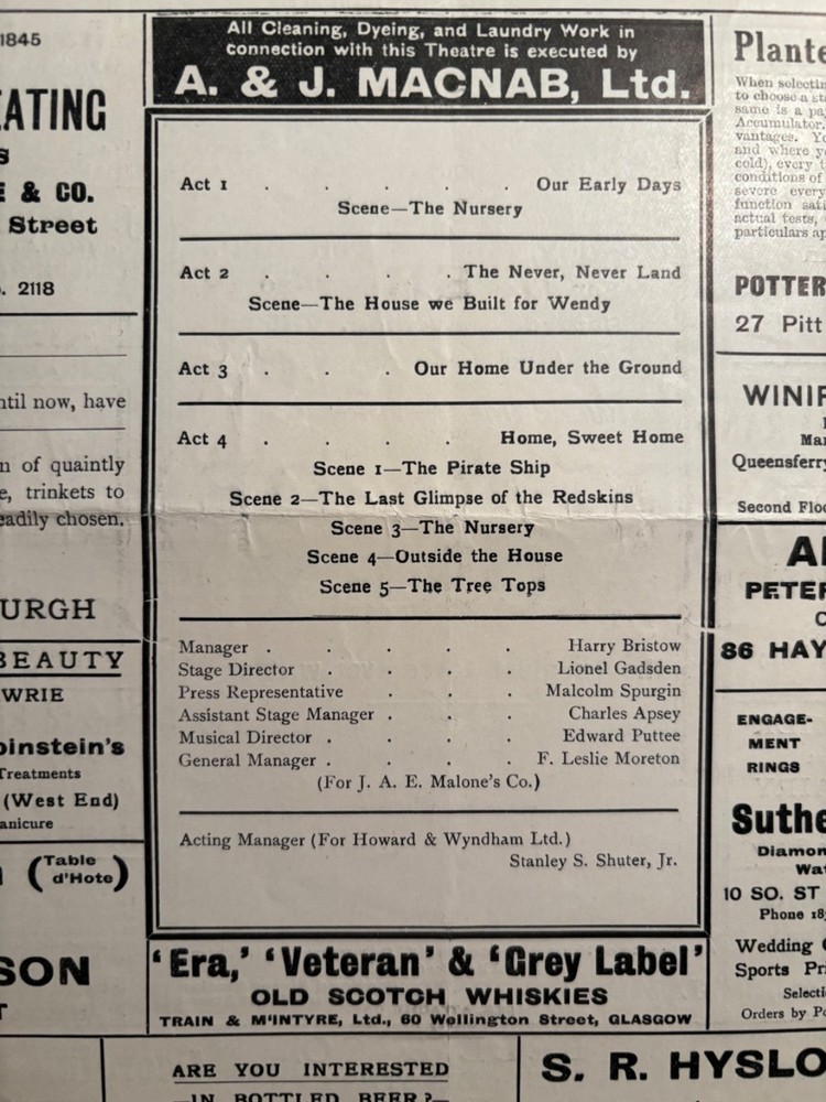 Peter Pan J M Barrie J E Malone 1925 Edinburgh Lyceum Programme