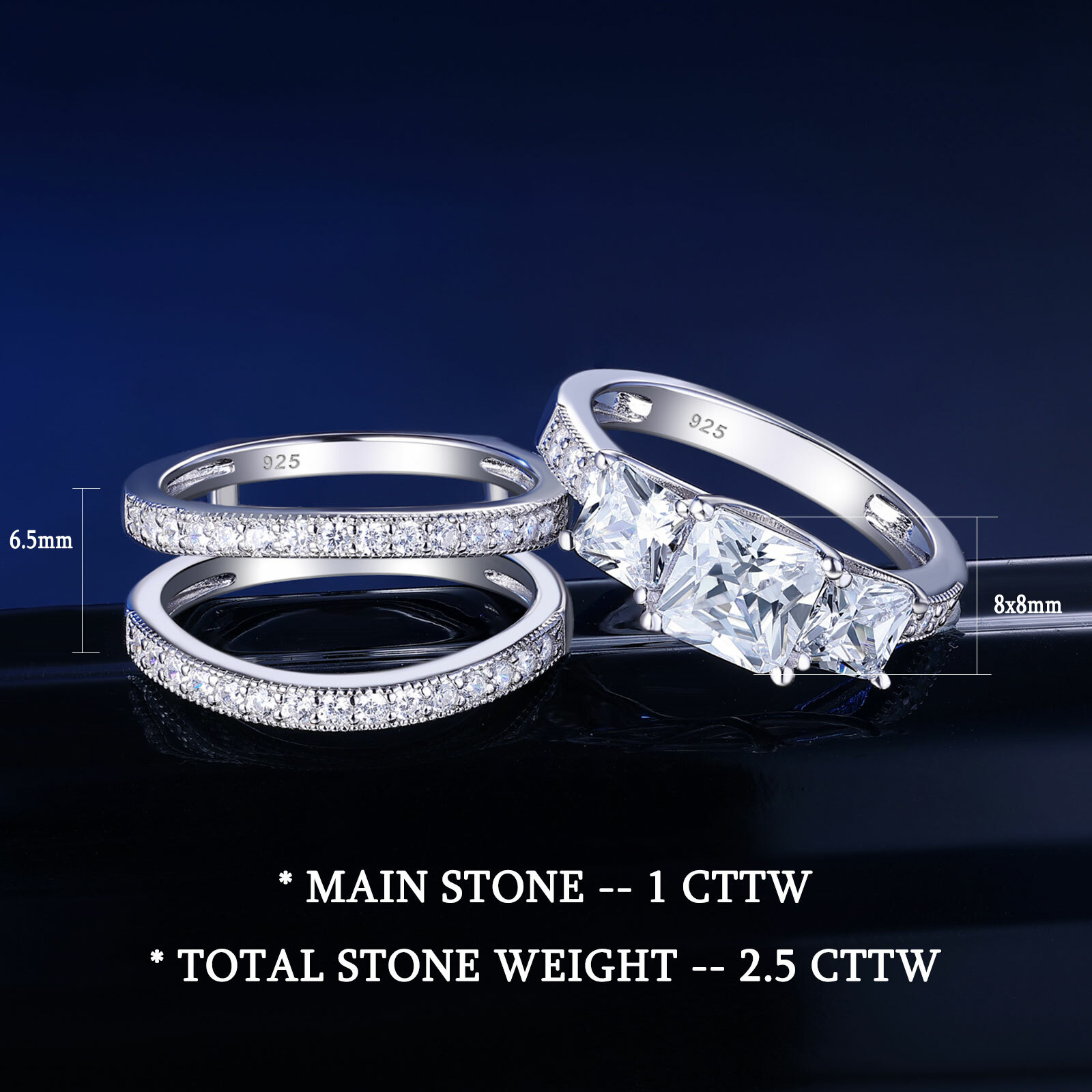 Estate 3 Stone Ring Set for Women Engagement Wedding Ring Set Sterling Silver CZ