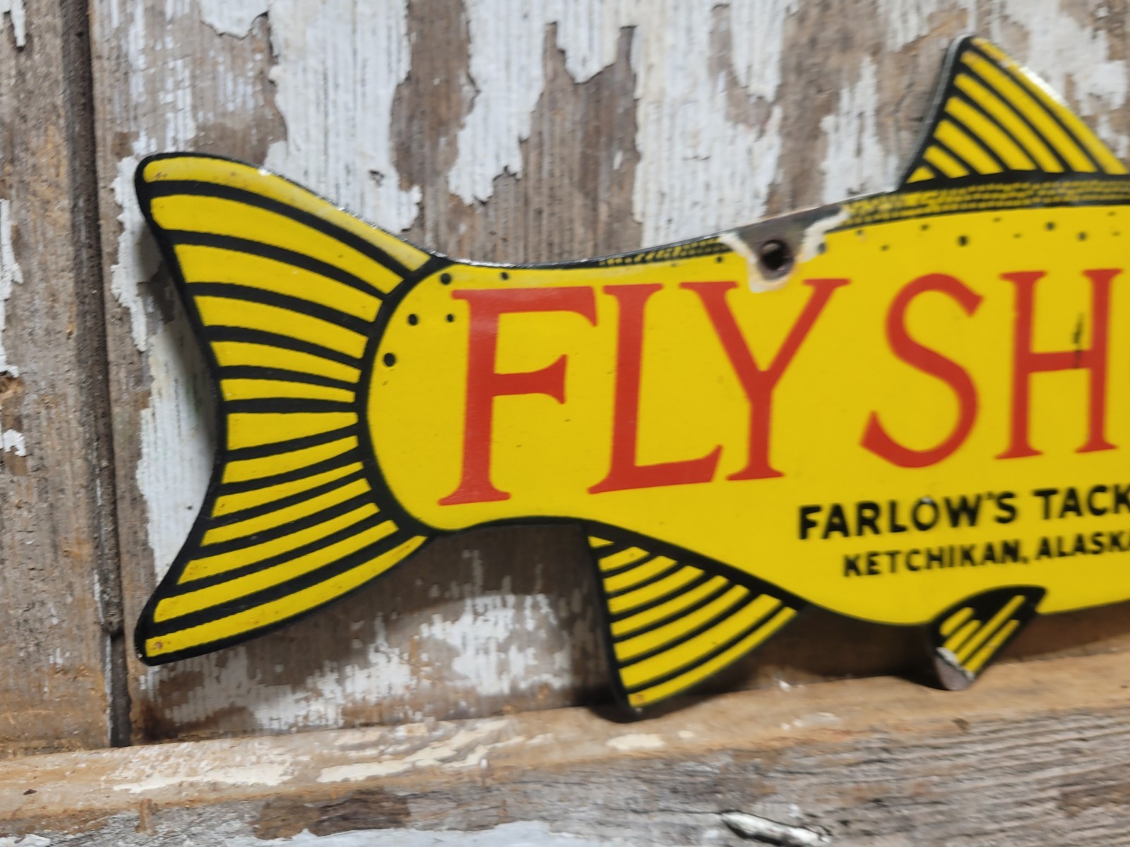VINTAGE FISH PORCELAIN SIGN OLD FLY SHOP FARLOWS TACKLE KETCHIKAN ALASKA SALMON