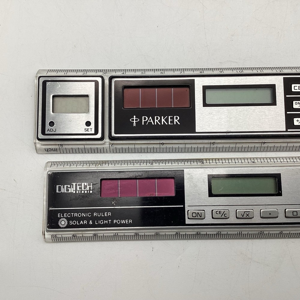 Two Vintage Solar Powered Calculators 8” Rulers Parker & Digitech E644 Untested