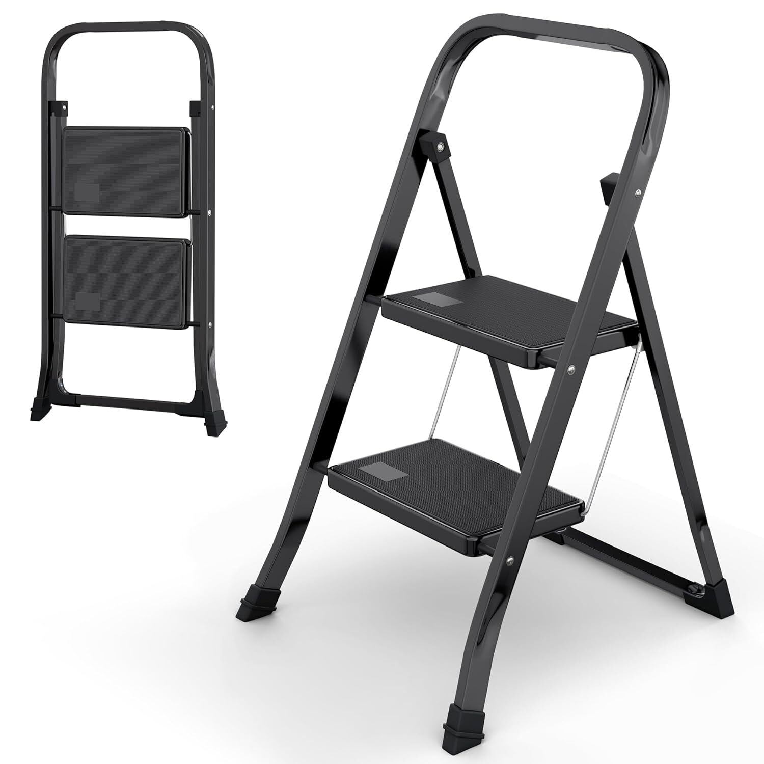 Steel Folding 2/3 Step Stool Ladder Adults With Soft-Grip Handle 330 Lbs White