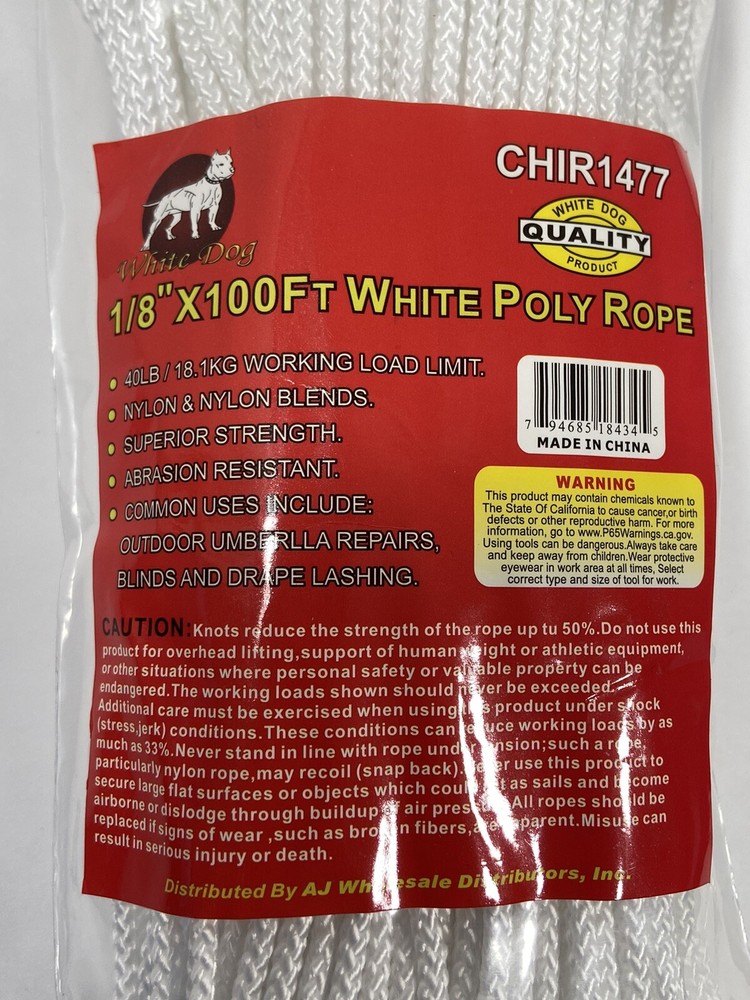 White Poly Tie Down Rope 100 feet x 1/8" Thick