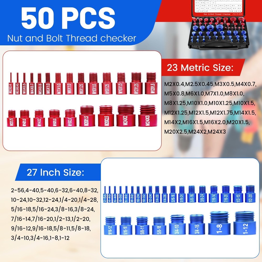 50PCS Thread Checker Kit – SAE & Metric Bolt Thread Checker, Nut & Bolt Si