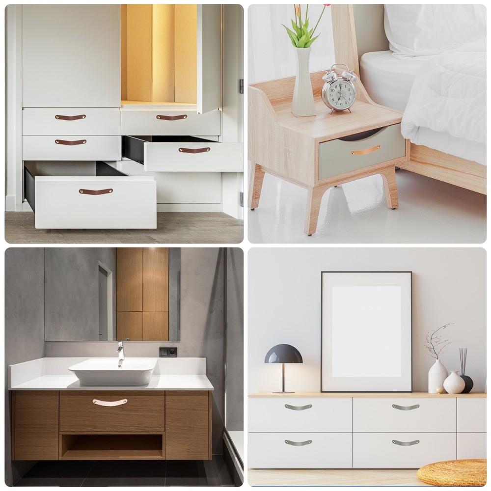 4 Packs Leather Drawer Pulls Double Hole Knobs, Brown/Gold(Hole Spacing:96mm)