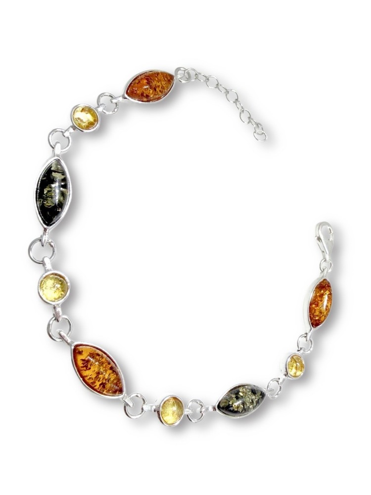 Sterling Silver Multicolor Baltic Amber Link Bracelet