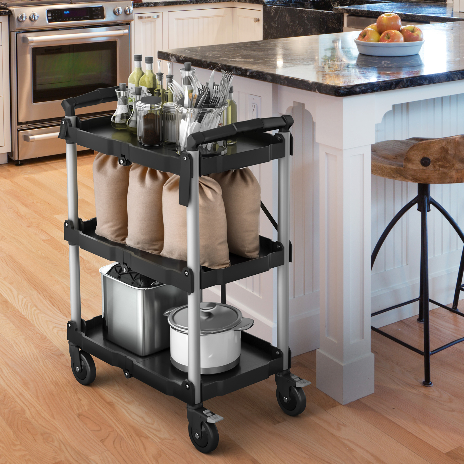 Foldable Utility Service Cart 3 Shelf 350LBS Portable Rolling Collapsible Cart