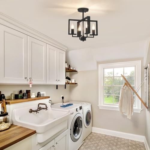 4-Light Semi Flush Ceiling Light, Modern Industrial Light 4 Light Black