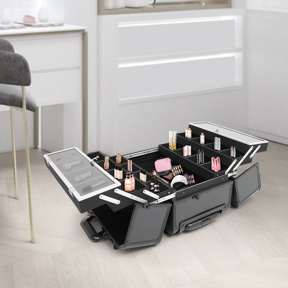 Makeup Case with 6 Trays Lockable Rolling Makeup Case Multi-Layer Makeup Case