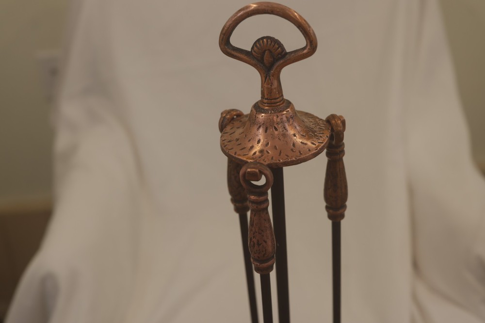 4 Piece Antique Copper Fireplace Tool Set with Solid Handles and Base