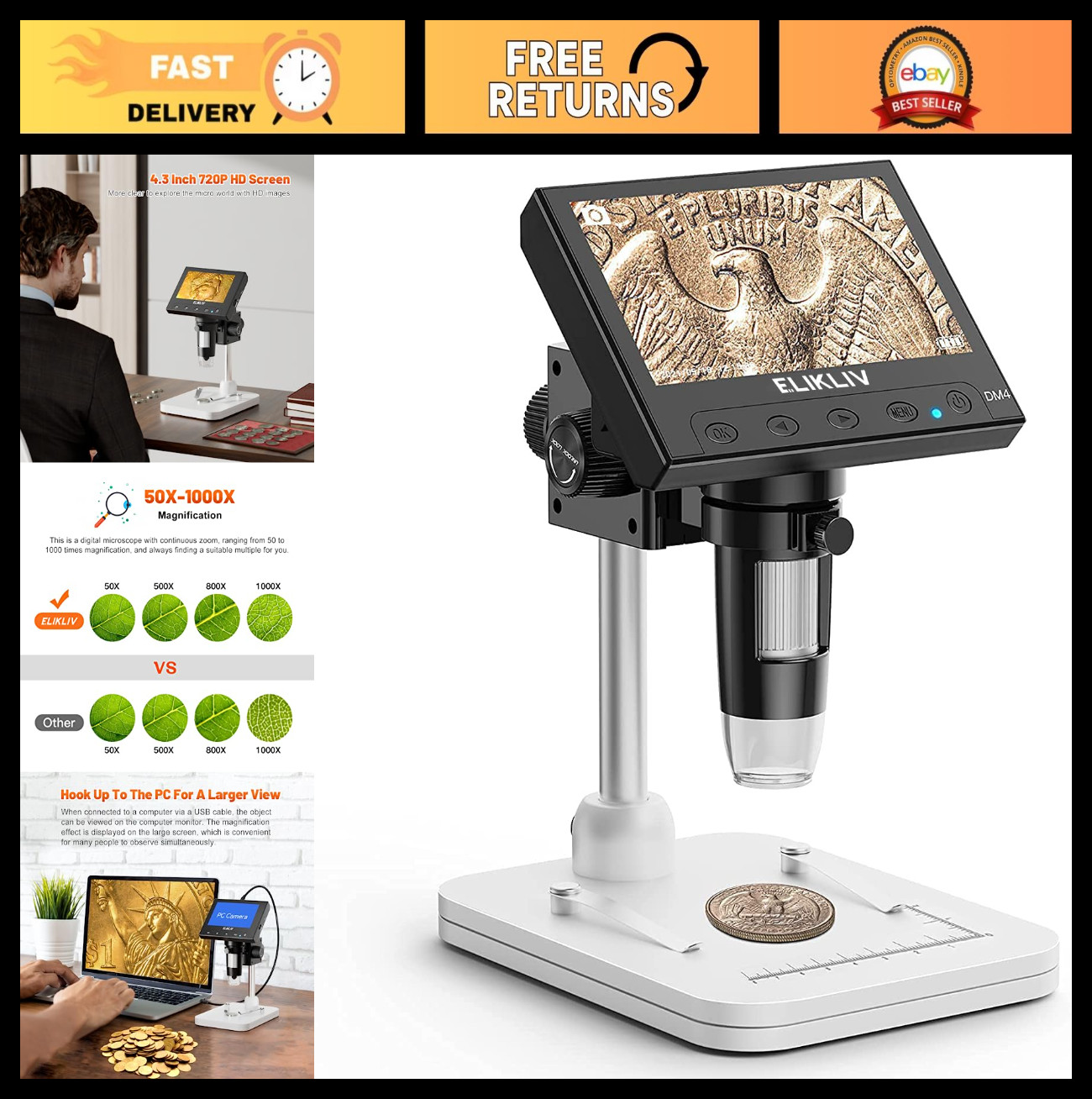 Digital Coin Microscope 1000x Magnifier with 8 LED Lights, 4.3" LCD, PC Compatib