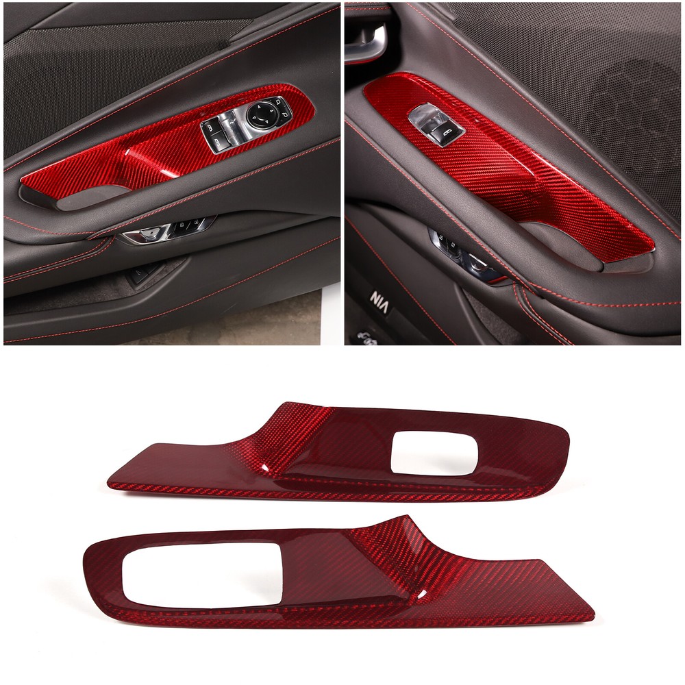 Red Carbon Power Window Glass Lift Switch Cover Trim For Corvette C8 Coupe 2020+