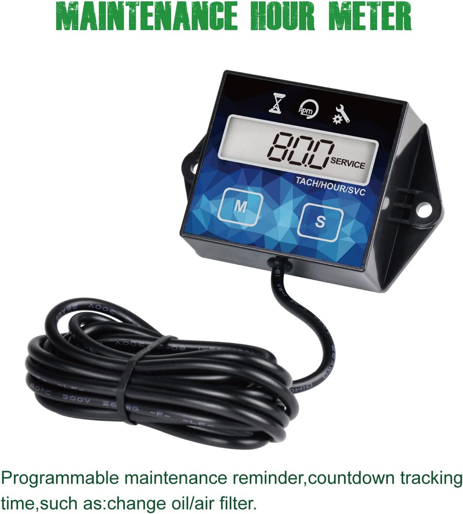 Digital Small Engine Tachometer Hour Meter,Resettable Hours,Replaceable Battery