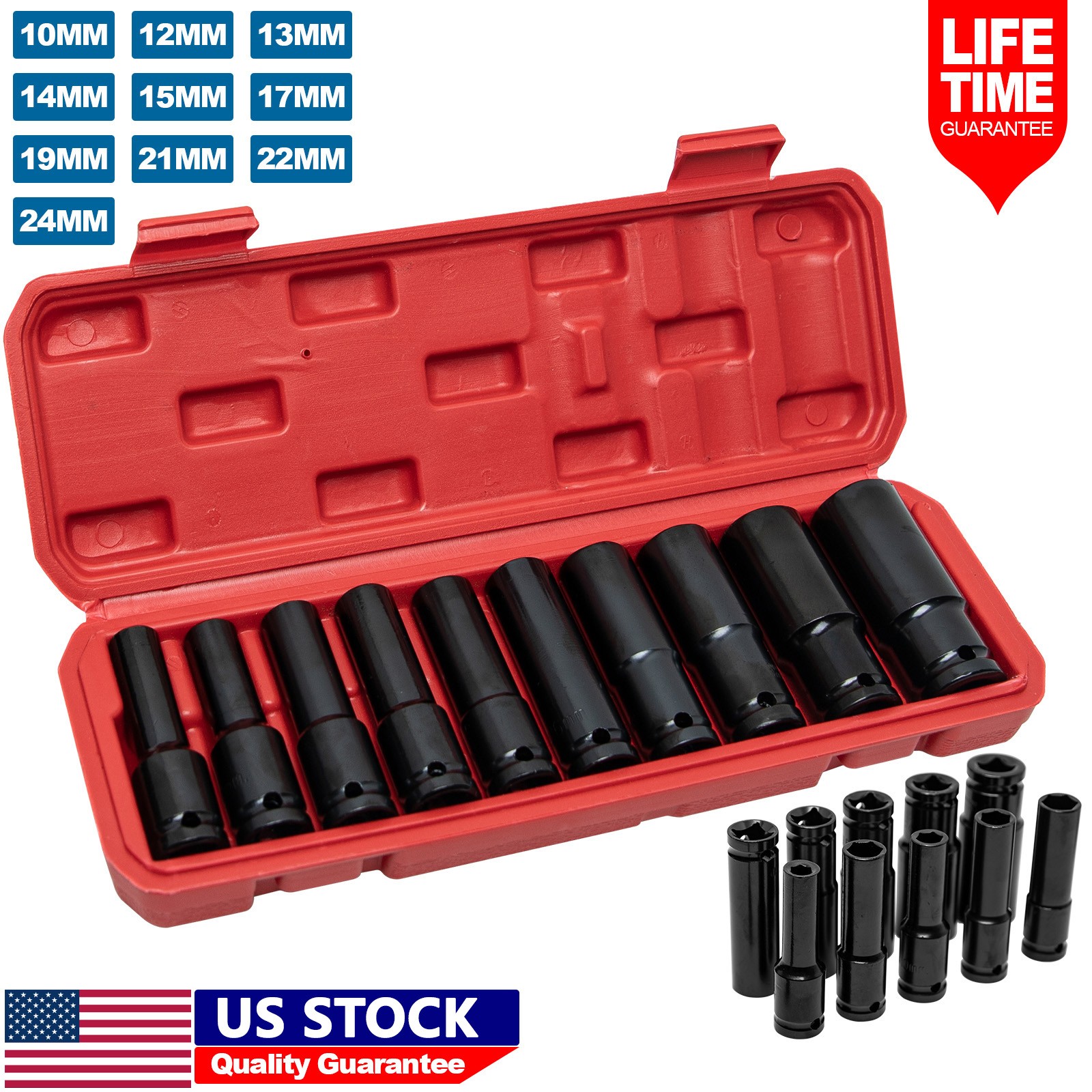 10pcs Metric Deep Impact Socket 1/2" Drive 10mm-24mm 6 Point Sockets w/ Case Set