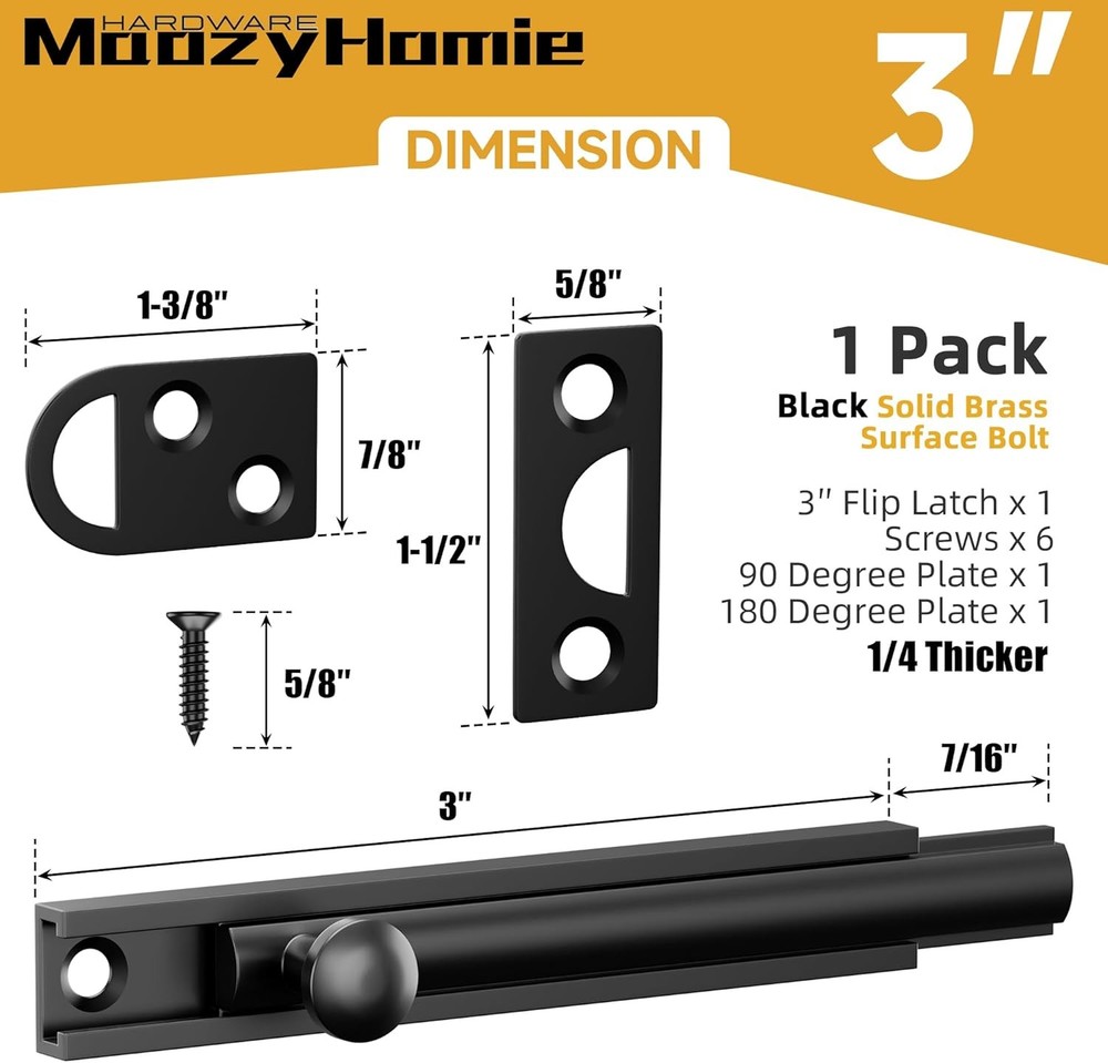 3 Inch Solid Brass Surface Bolt, Heavy Duty 3 Inch, Matte Black-1 Pack