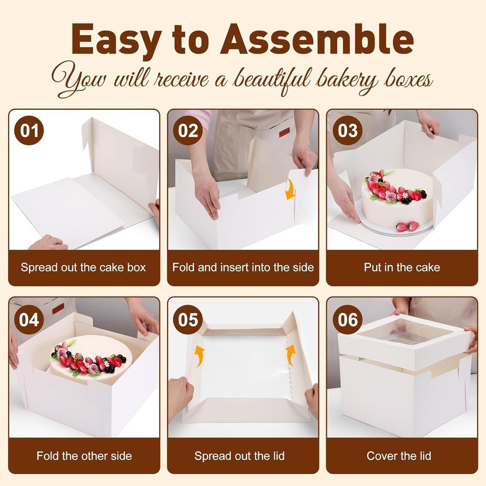 6 Pack Cake Boxes with Cake Boards,12x12x8 Inch White Bakery Boxes with Windo...
