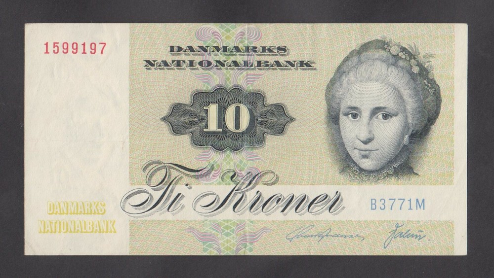 🔴DENMARK  10 Kroner 1977  XF+   P-48🔴