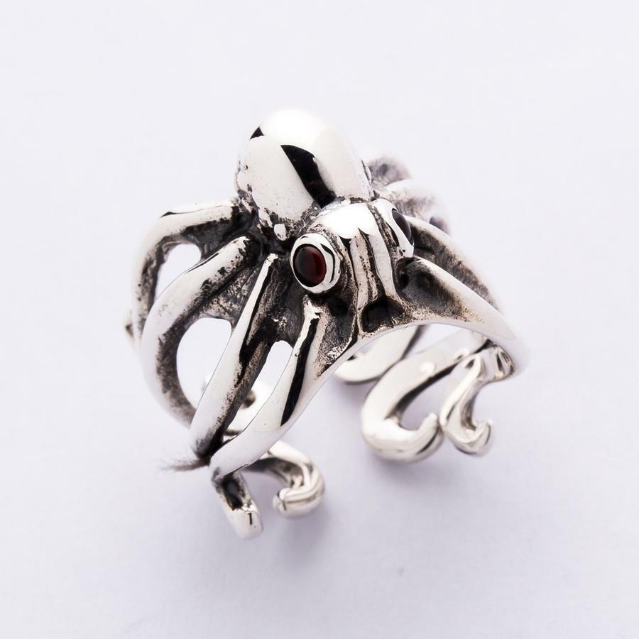Red Eyes Sterling Silver Octopus Ring