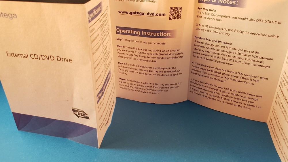 GOTEGA External CD/DVD Drive USER SUPPORT GUIDE Small PAMPHLET Instructions