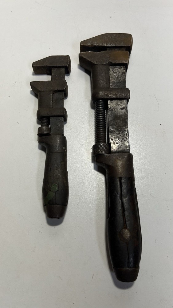 Set 2 Antique Wood Handle COES WRENCH Co. 12” & 8” Adjustable Monkey Wrenches