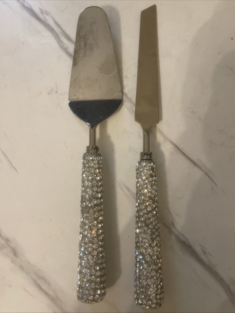Wedding Cake Knife Server Set With Rhinestone Covered Handles