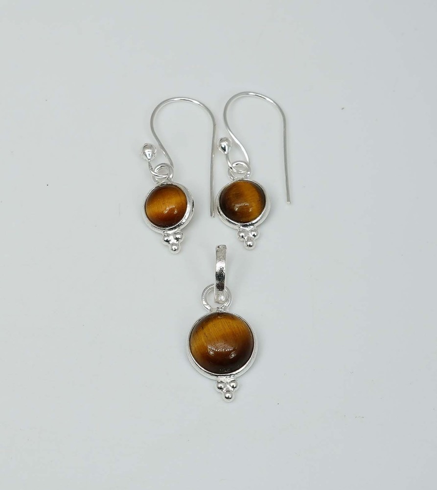 925 Solid Sterling Silver Tiger Eye Hook Earring Pendant Set