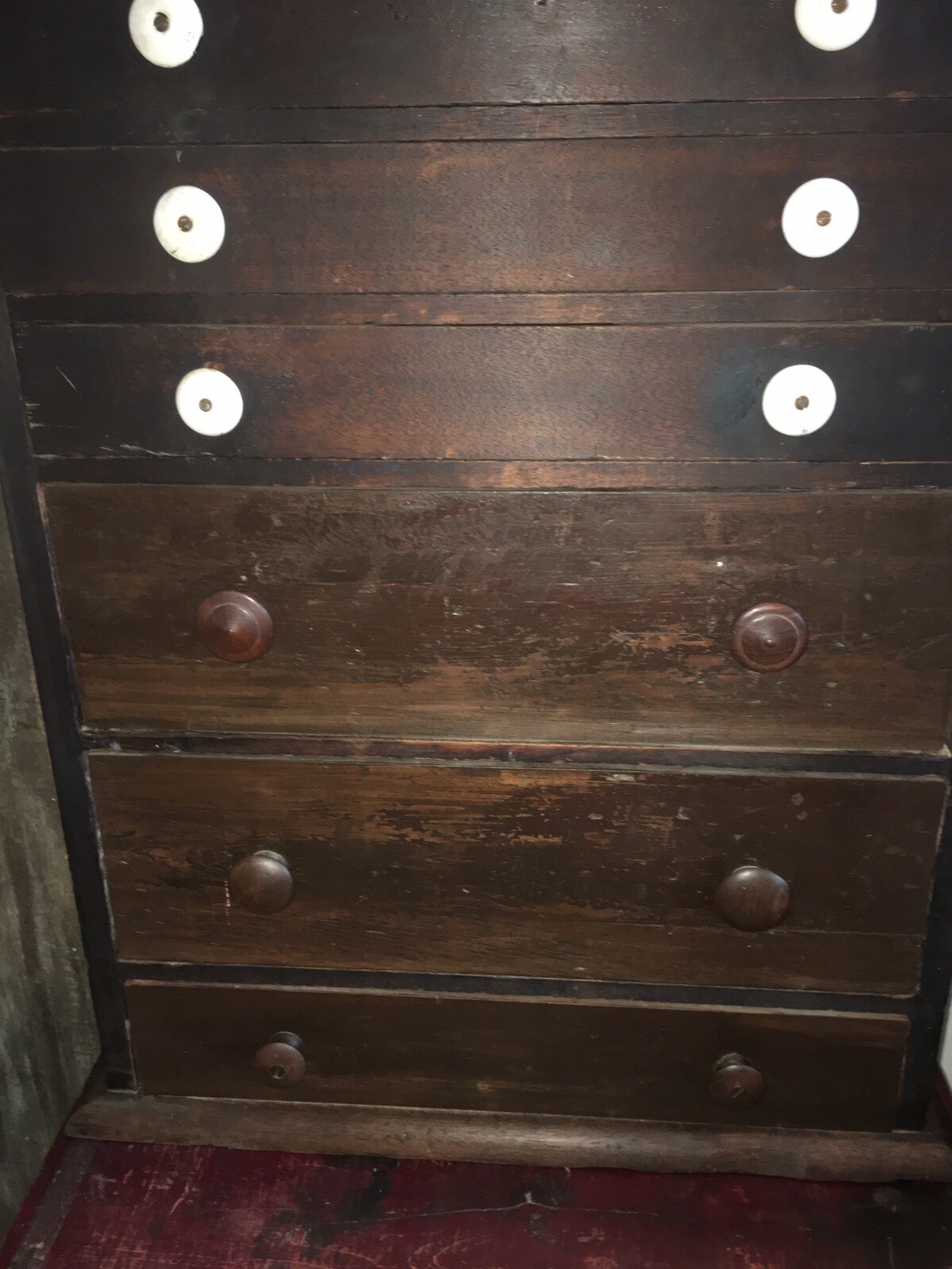 Antique 6 Drawer Wood Cabinet Porcelain Knobs 30x21-1/2x6-1/2
