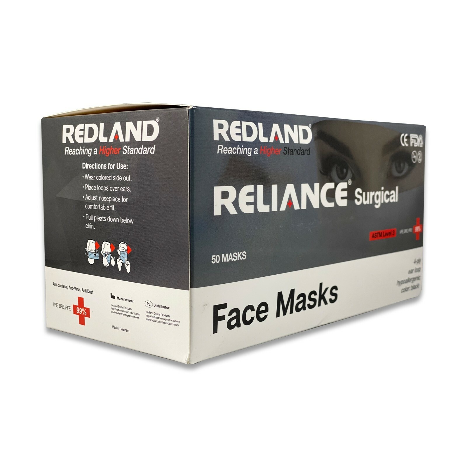 REDLAND RELIANCE Surgical 4ply BLACK Ear loop Face Mask (ASTM LEVEL-3) 50 PC/BOX
