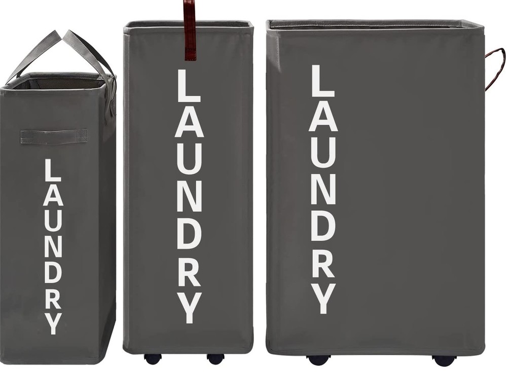 92L Grey Extra Large Standable Rolling Laundry Hamper Basket Wheels Leather