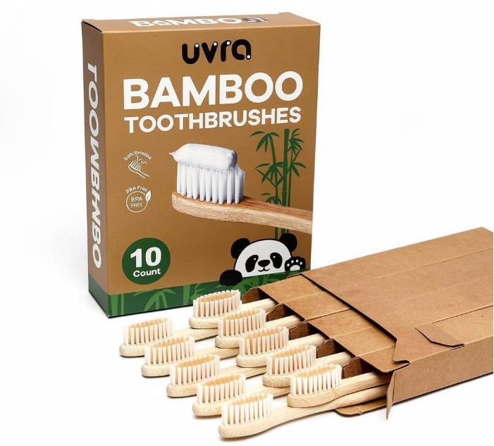 Bamboo Toothbrushes 10 Pack Biodegradable Soft Medium Charcoal Bristles