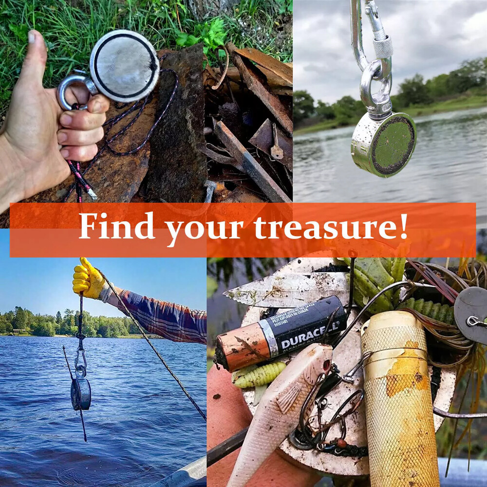 2000 LBS Strong Fishing Magnet Kit Double Sided Pull Force 20m Rope Carabiner