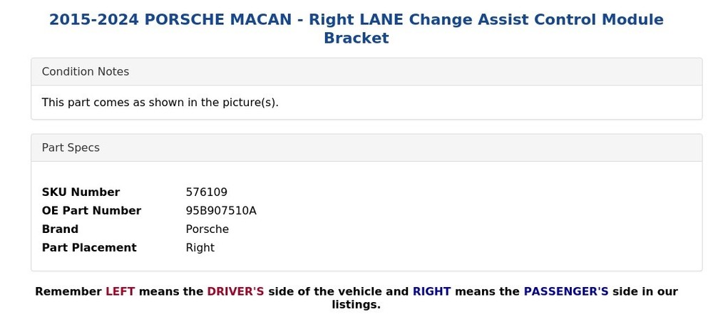 2015-2024 PORSCHE MACAN - Right LANE Change Assist Control Module Bracket