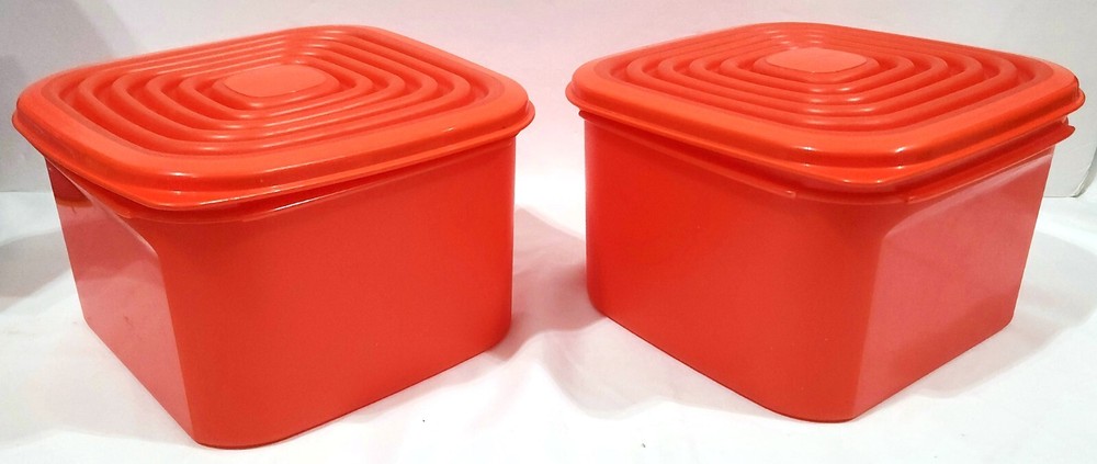 Tupperware 2 red-orange Modular Mate 11cup square Bowls & Stuffable Lids #1620