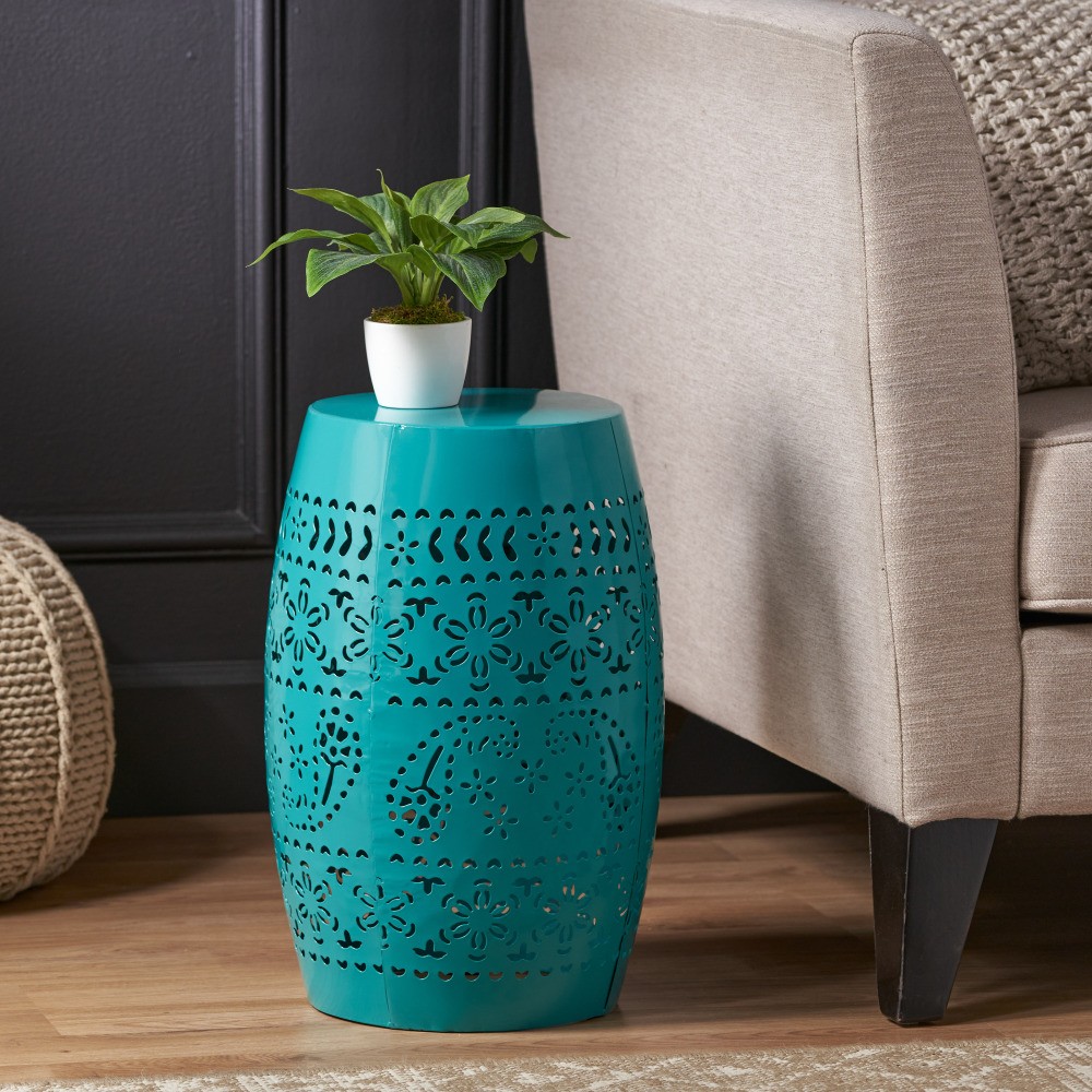 Home Ruby Outdoor 12" Iron Side Table, Teal