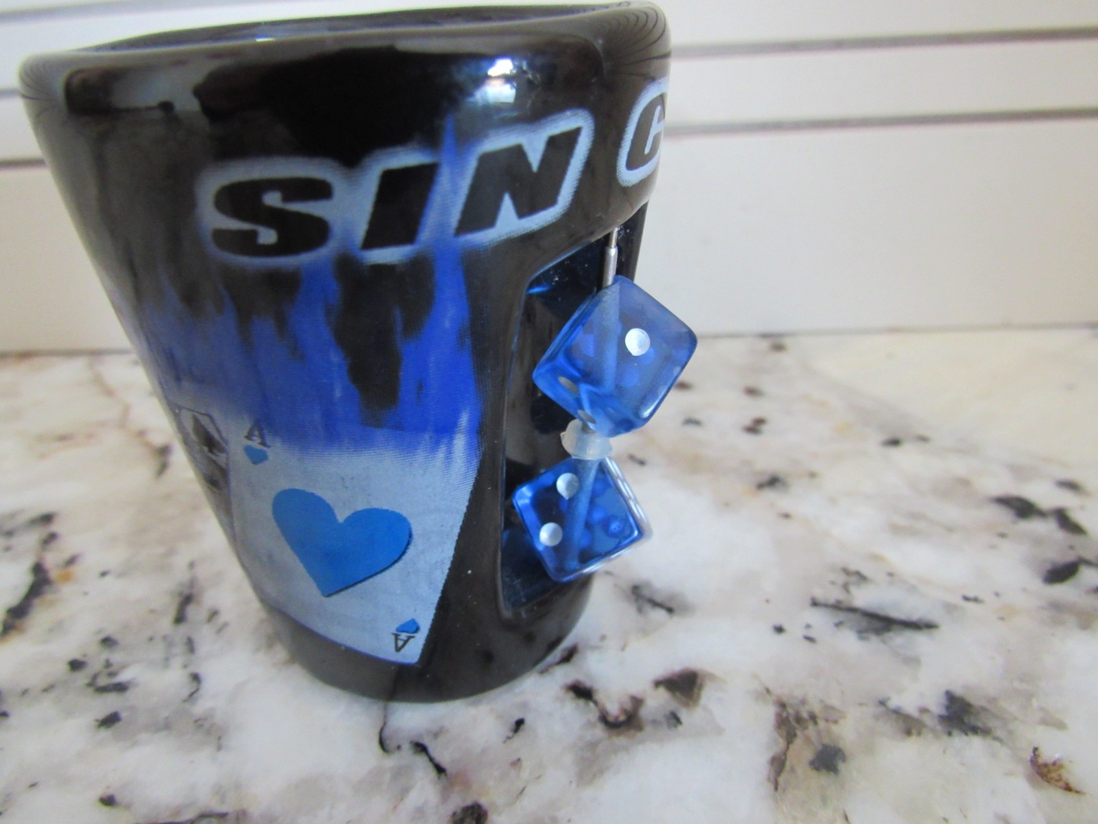 Sin City Las Vegas Nevada Black & Blue Ceramic Shot Glass w/ Spinning Dice