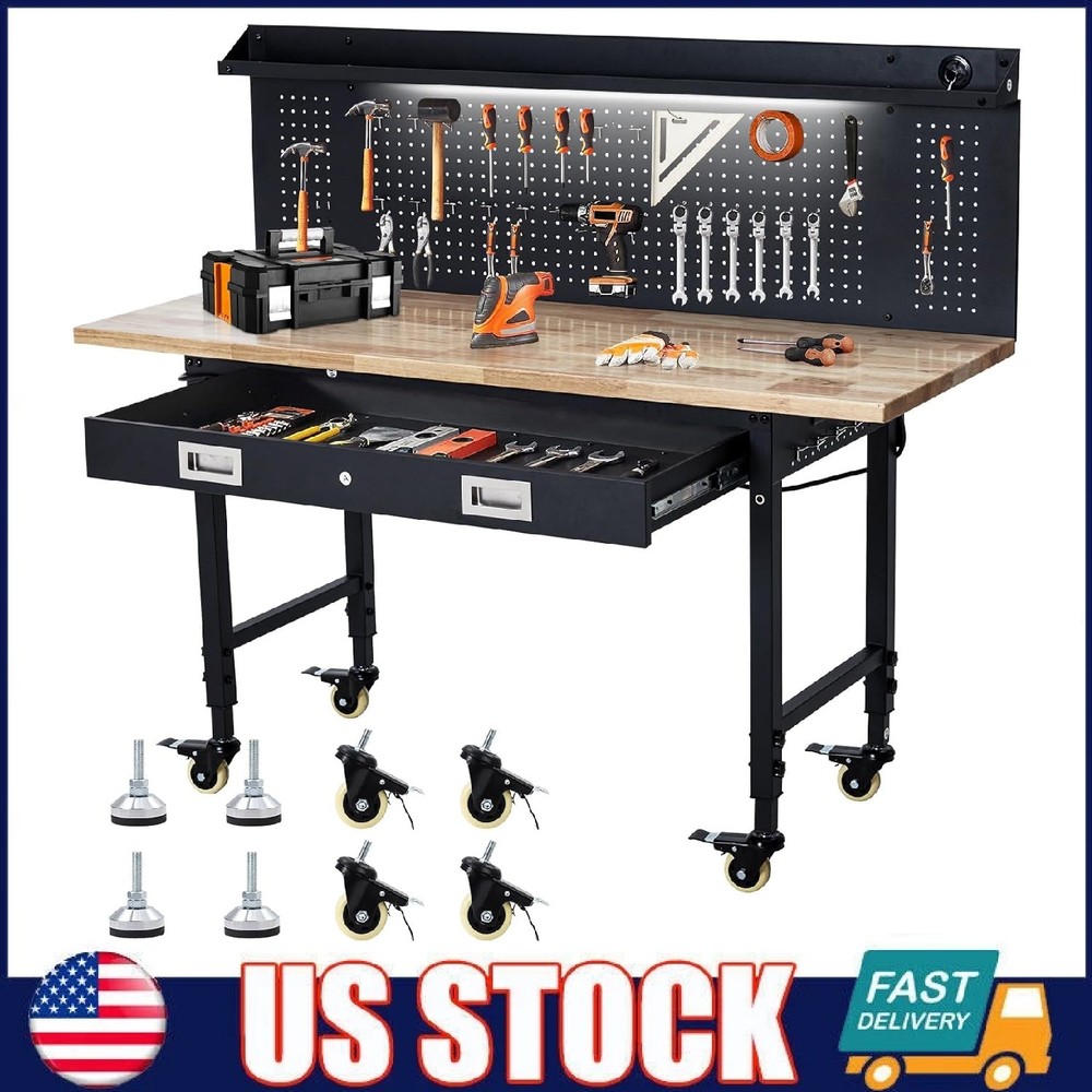 60" Heavy Duty Workbench ,Garage Work Table w/ Pegboard & Power Outlets ,Drawer
