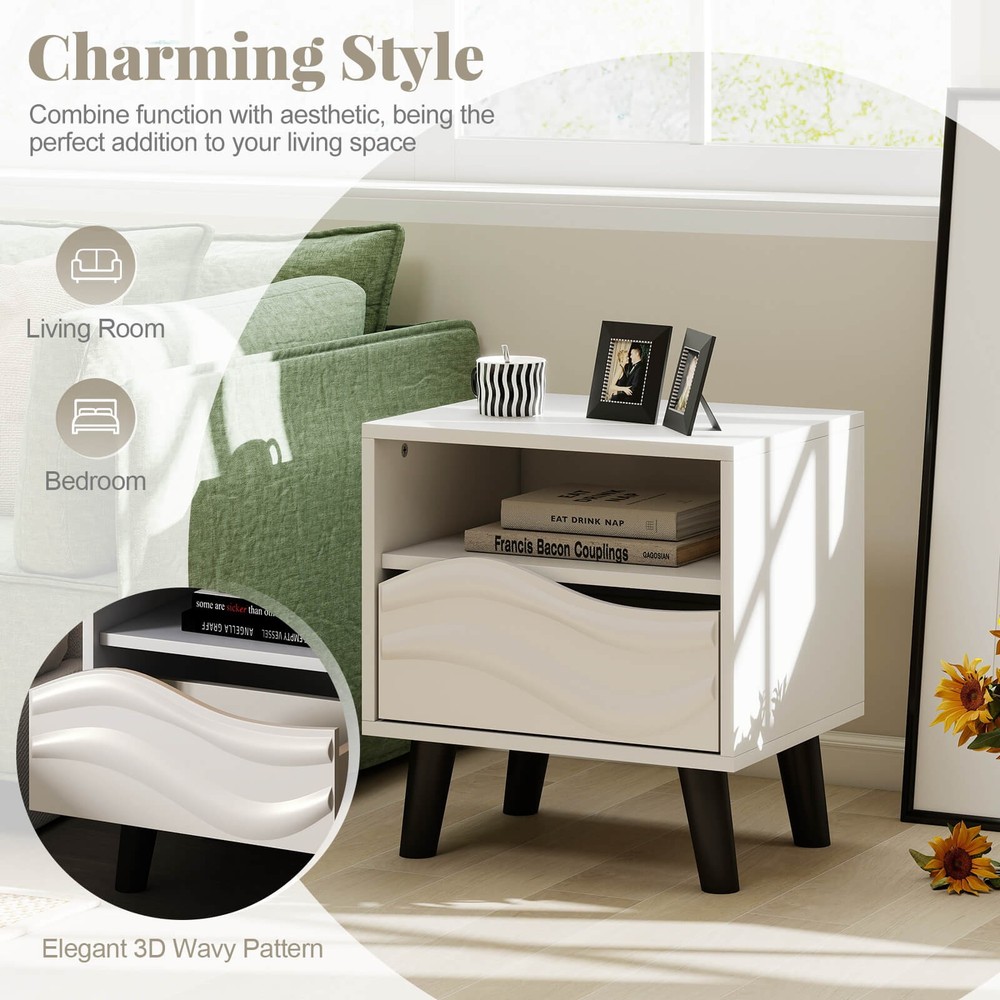 2PCS Nightstand w/Drawer 3D Wavy Pattern Open Shelf Small Sofa Couch Side Table
