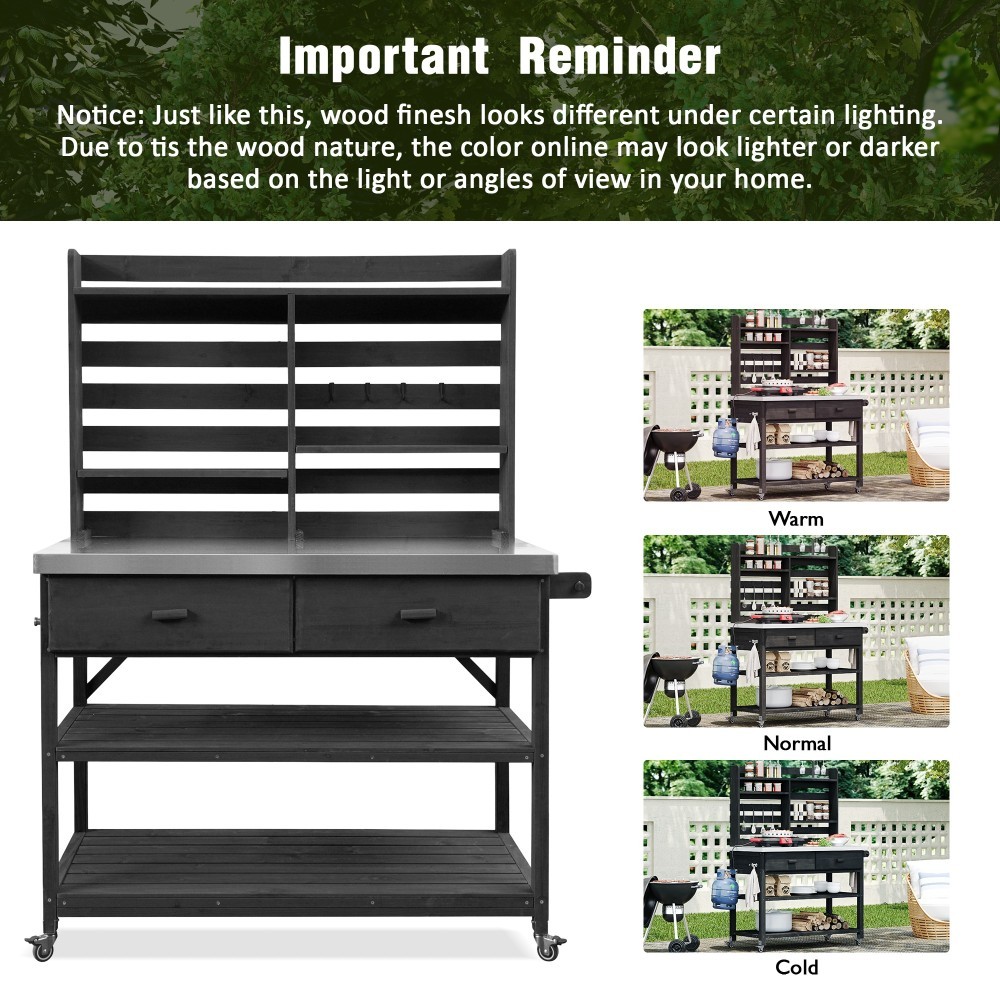 64.9"H Solid Wood Potting Bench Table w/ Lockable Wheels,Outdoor Kitchen Storage